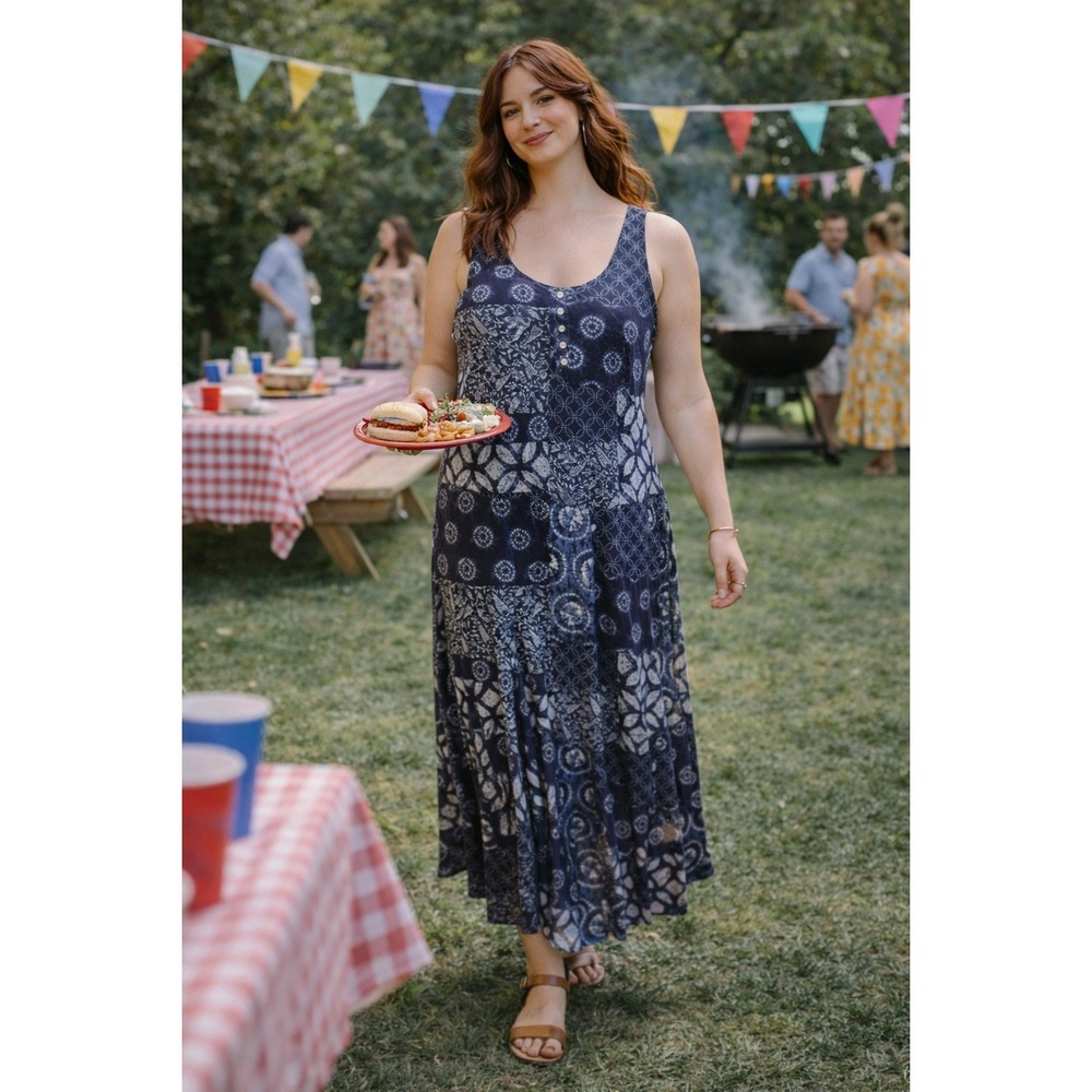 Boho Summer Vacation Patchwork Ralph Lauren Blue Tie Dye Floral L Maxi Dress